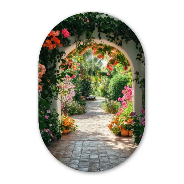Doorkijk - Bloemen - Natuur - Bloementuin Wandcirkel Ovaal Glas middel -3d