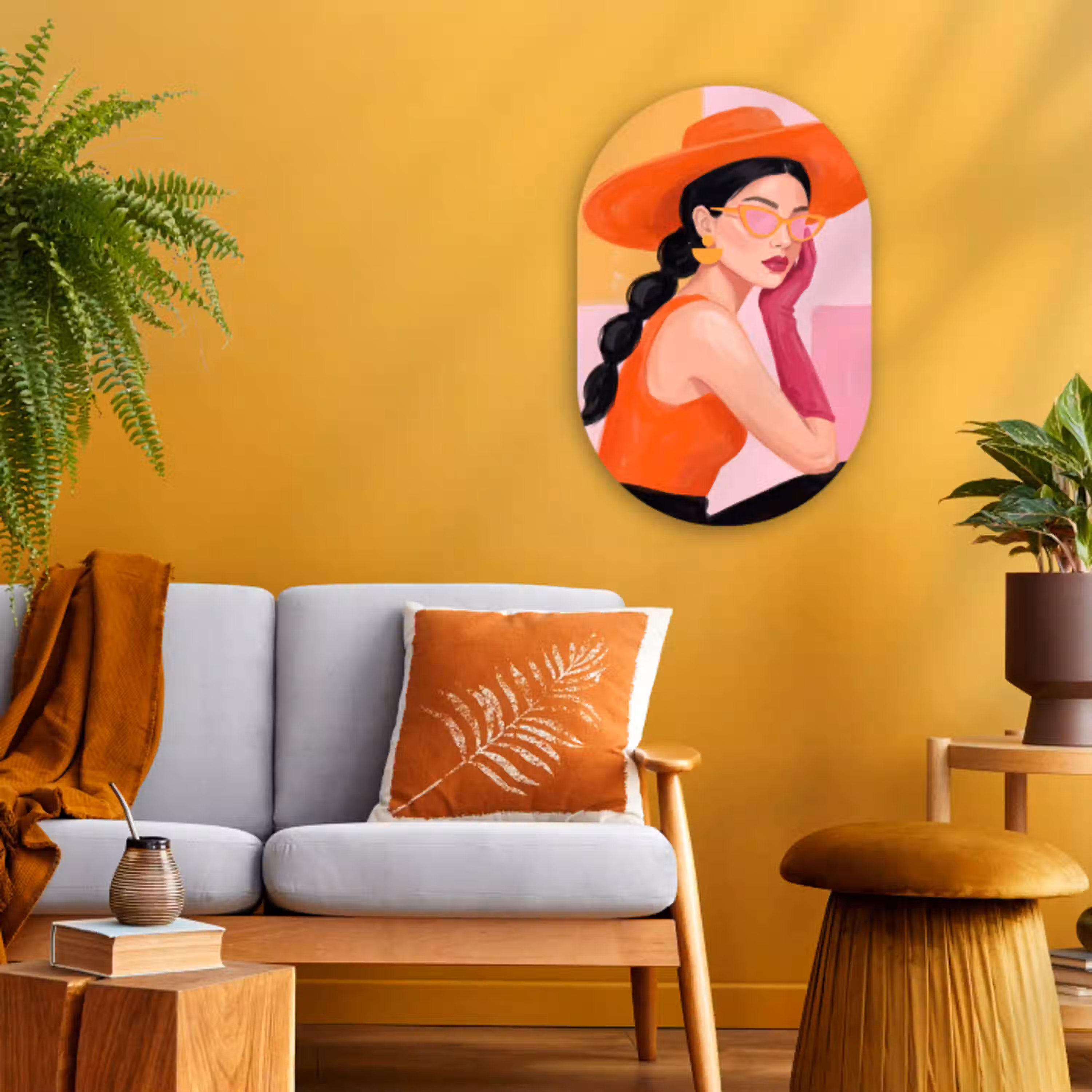Vrouw - Hoed - Mode - Modern - Oranje Wandcirkel Ovaal Forex klein -sfeer4