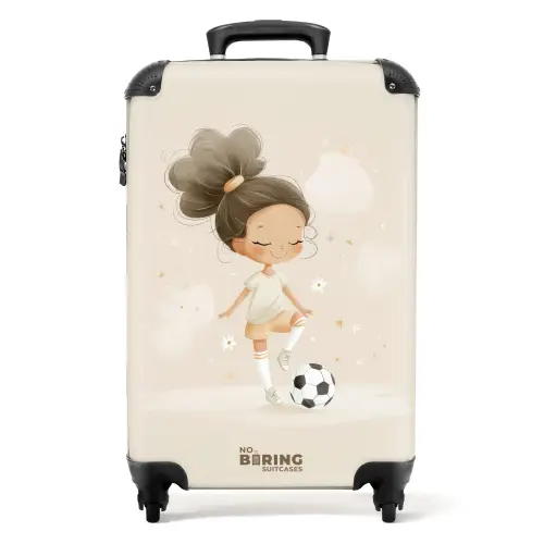 Meisje met een voetbal in beige kleuren NBS - Handbagage koffer - Kinderen Unisex middel -productfoto_recht