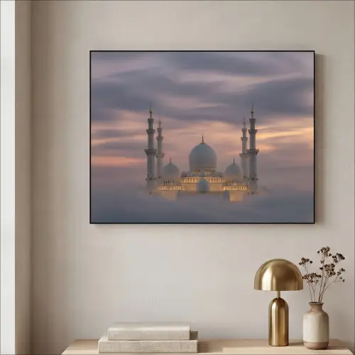 Zonsondergang - Moskee - Wolken - Islamitisch Textielframe zwart klein -sfeer2