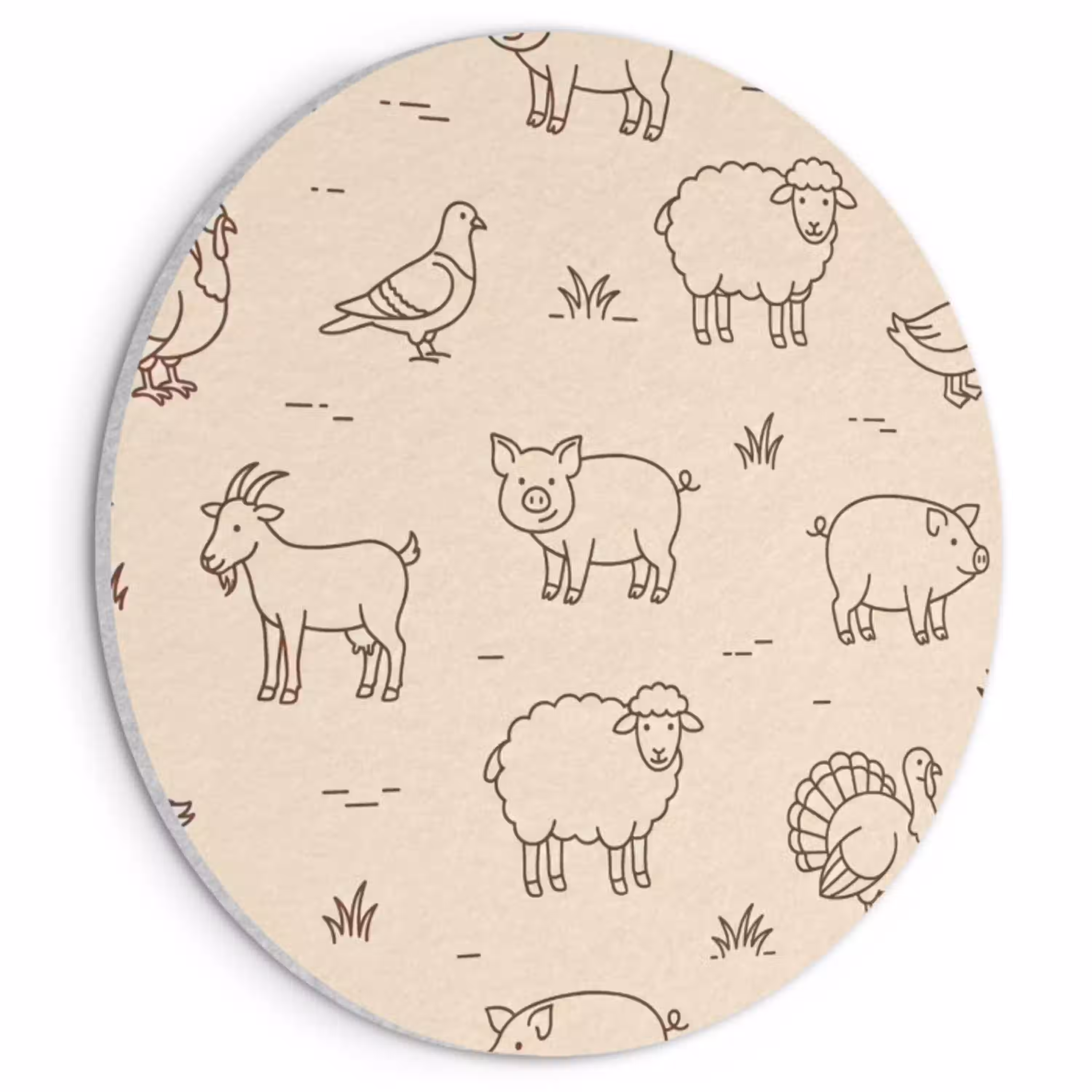 Dieren - Patroon - Boerderij - Minimalistisch - Beige Akoestische PET Vilt - Rond klein -3d