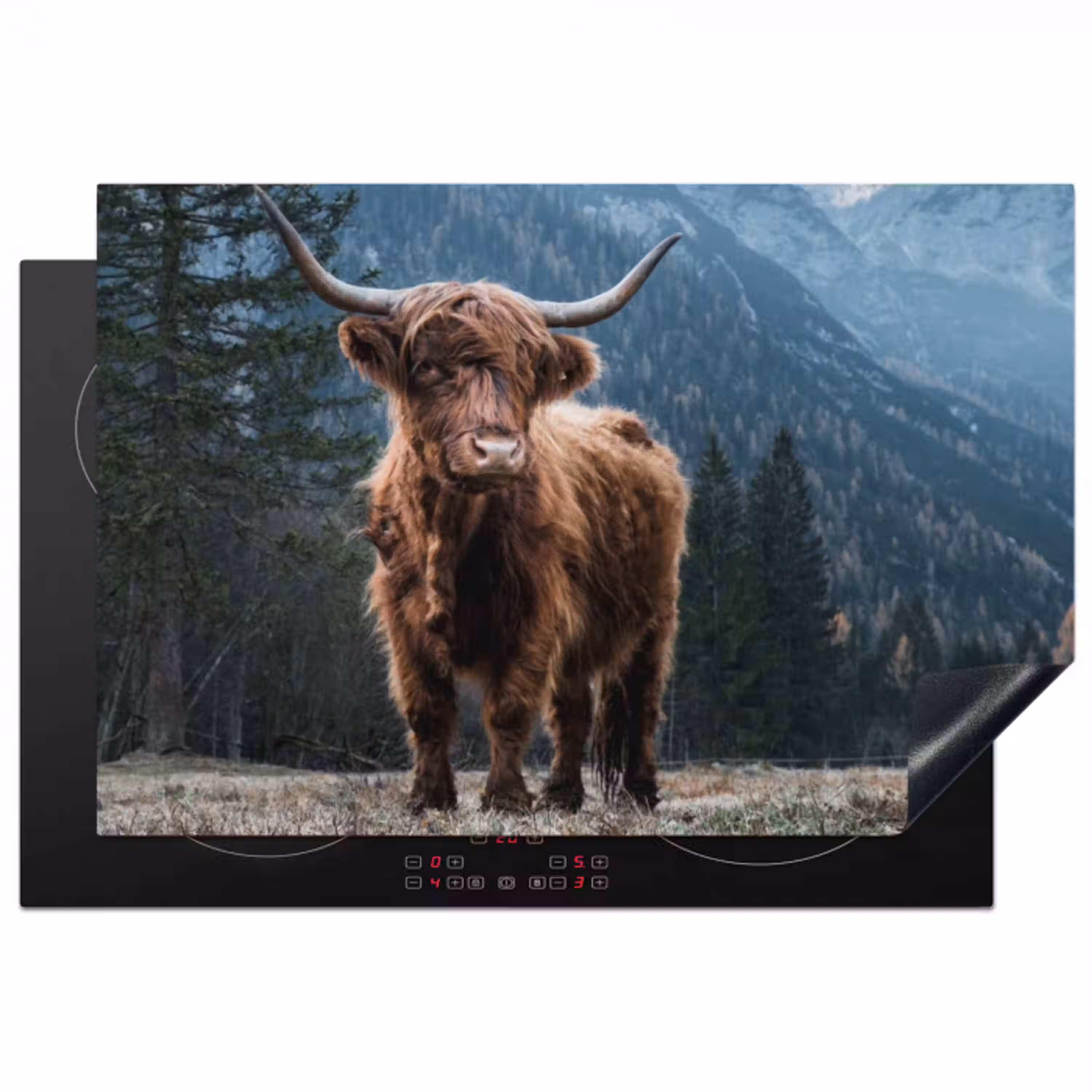 Schotse hooglander - Berg - Landschap - Bomen - Koe - Natuur Inductie beschermer vinyl 3mm klein -3d