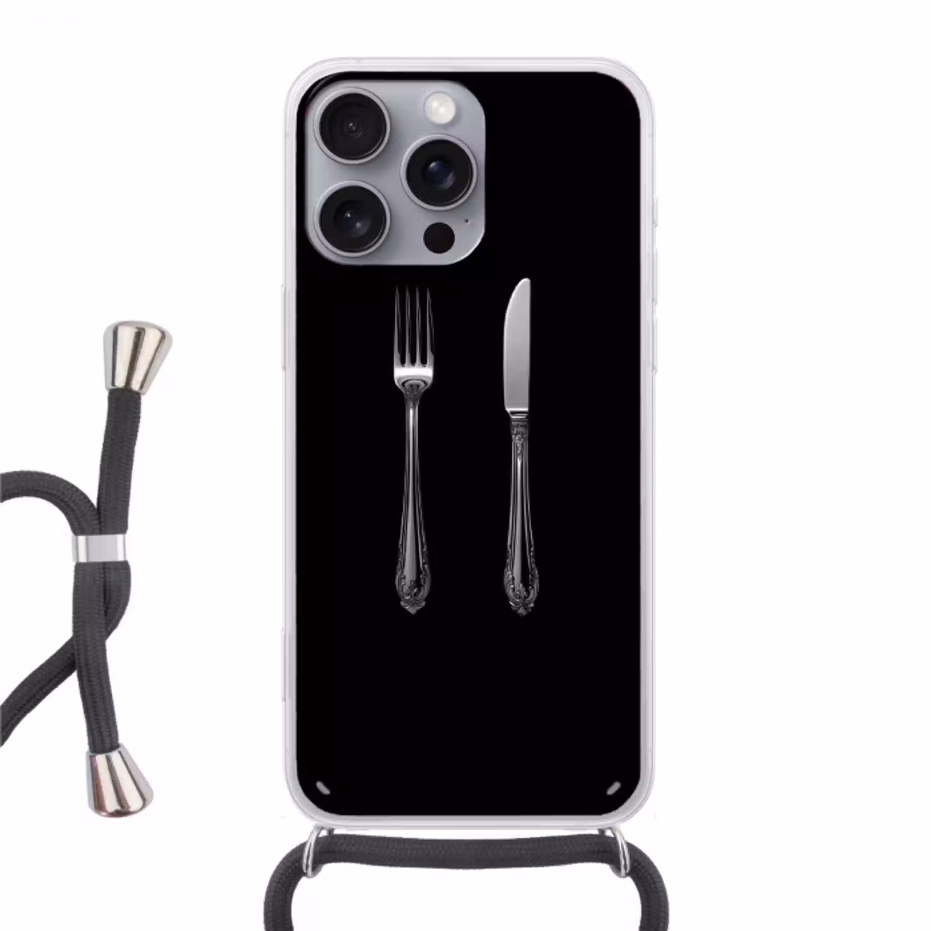 Vork - Mes - Zilver Hoesje iPhone 16 Pro Max met koord klein -3d