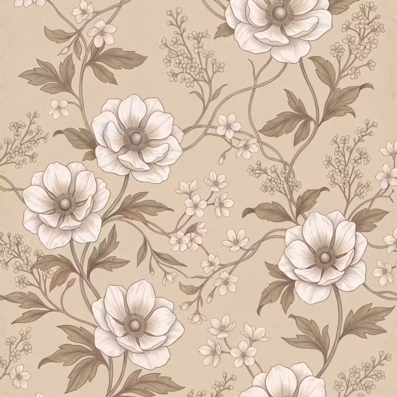 Behang - Bloemen - Patroon - Beige