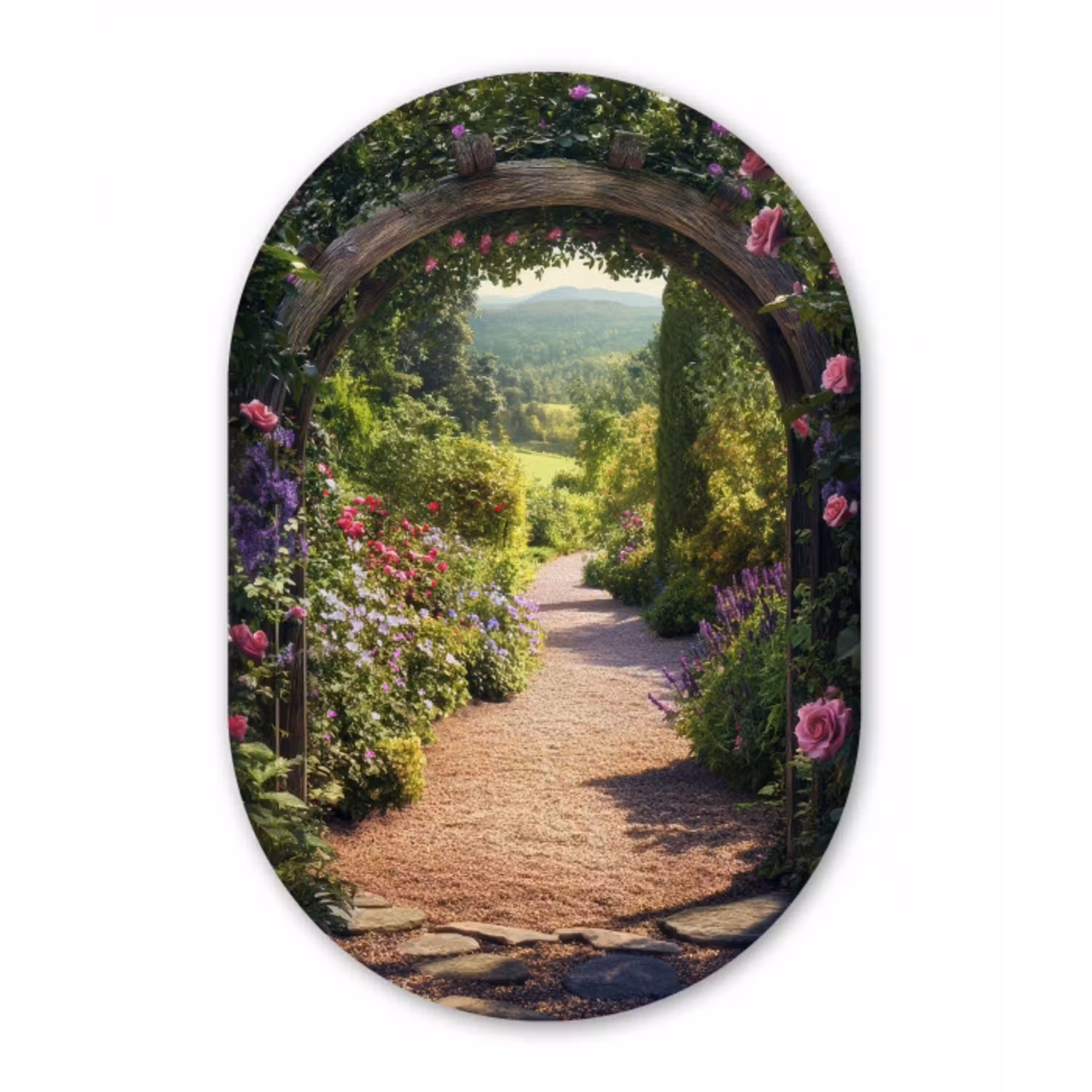 Doorkijk - Bloemen - Natuur - Rozenboog Wandcirkel Ovaal Aluminium middel -3d