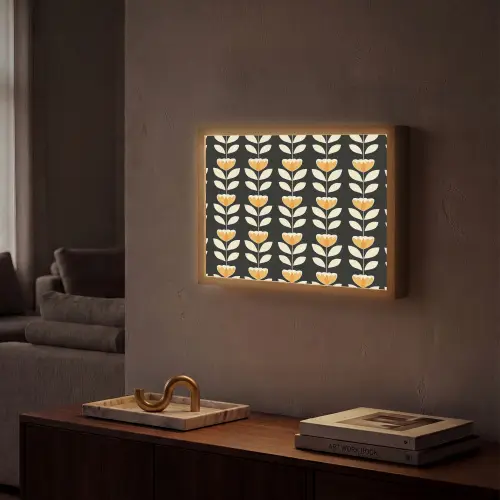 Retro - Bloem - Zwart - Okergeel Light Box met batterij (Wandlamp) middel 907 -sfeer1