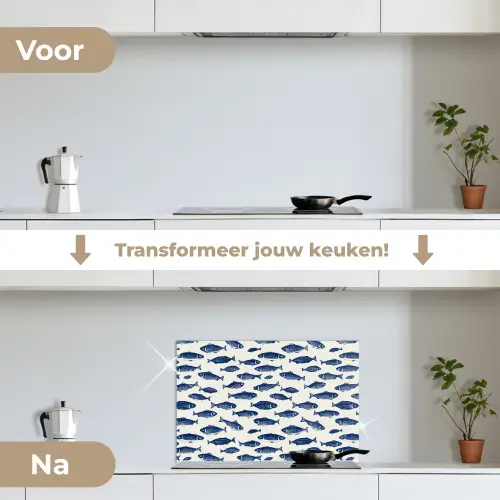 Vissen - Patroon - Blauw - Wit keuken achterwand spatscherm klein 900 -voor_na_NL