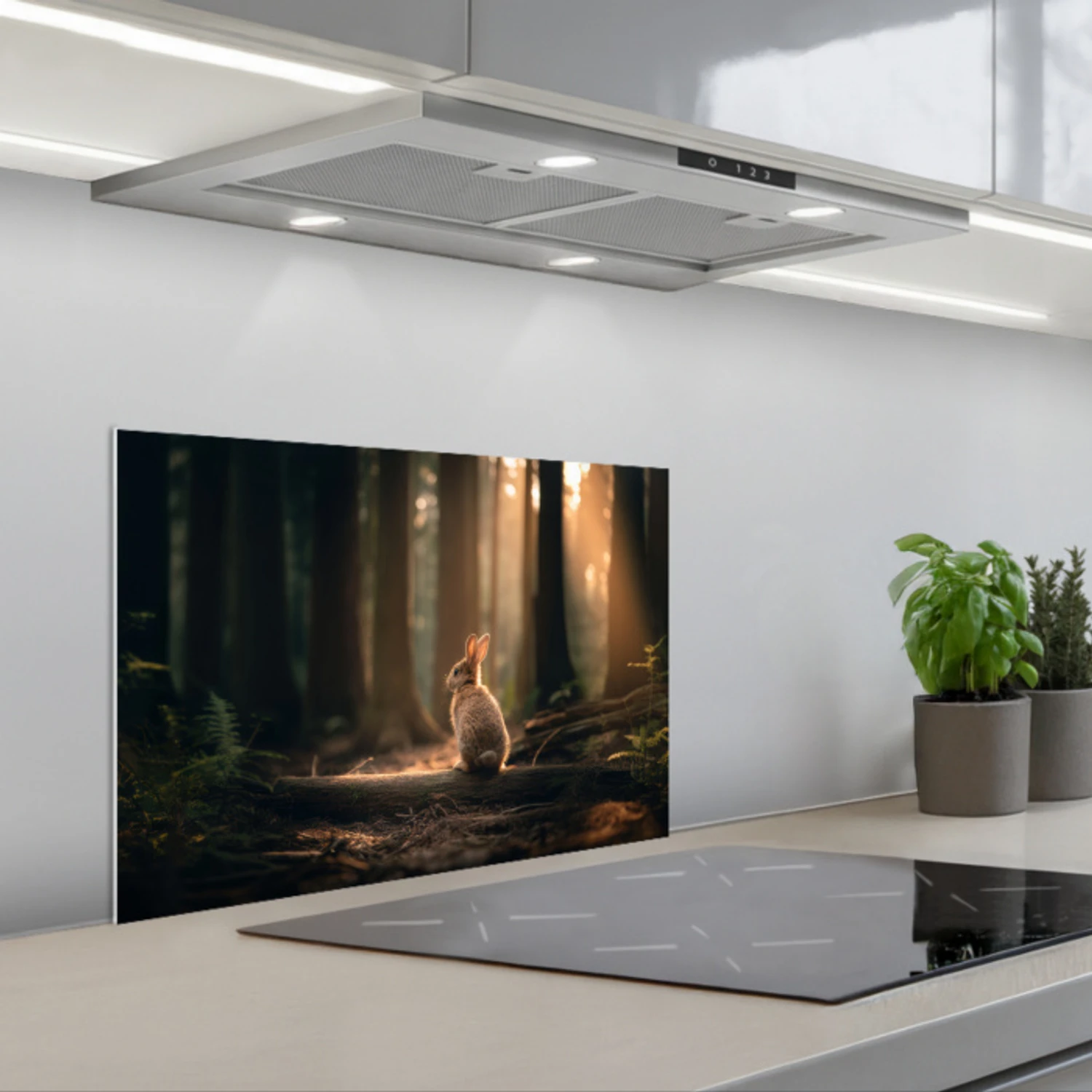 Konijn - Bos - Zonnestralen keuken achterwand spatscherm klein -3d_schuin