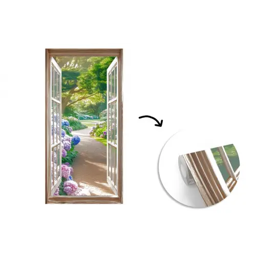 Doorkijk - Tuin - Raam - Hortensia - Bloemen fotobehang vinyl groot -3d
