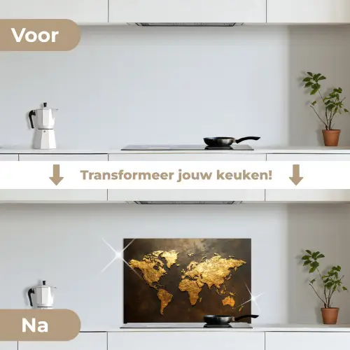 Wereldkaart - Goud - Roest keuken achterwand spatscherm klein -voor_na_NL