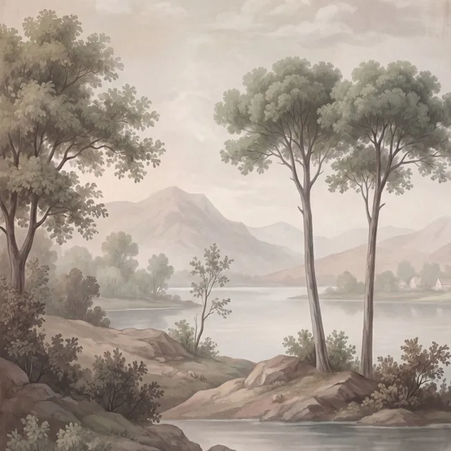 Behang - Bomen - Meer - Bergen - Illustratie