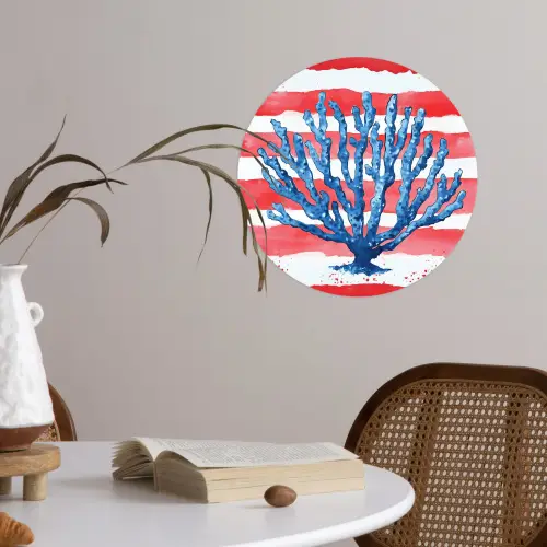 Koraal - Verfstructuur - Rood - Blauw Wandcirkel behangsticker klein -sfeer3