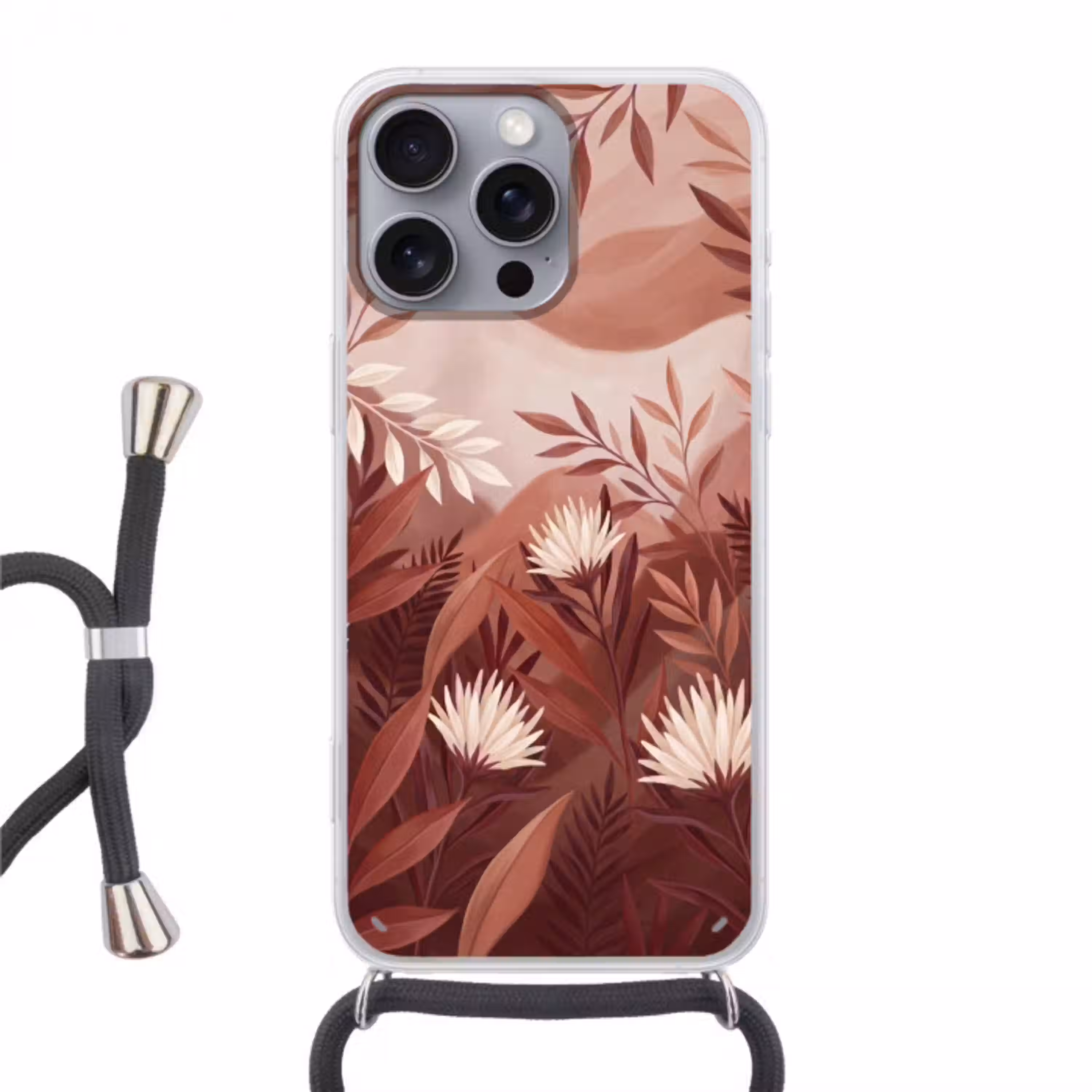 Planten - Bladeren - Botanisch - Modern - Bruin Hoesje iPhone 16 Pro Max met koord klein -3d