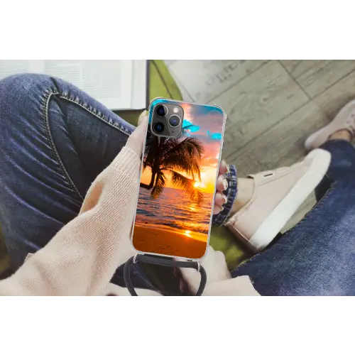 Palm - Zonsondergang - Horizon - Strand - Zee Hoesje iPhone 12 Pro met koord klein -hand