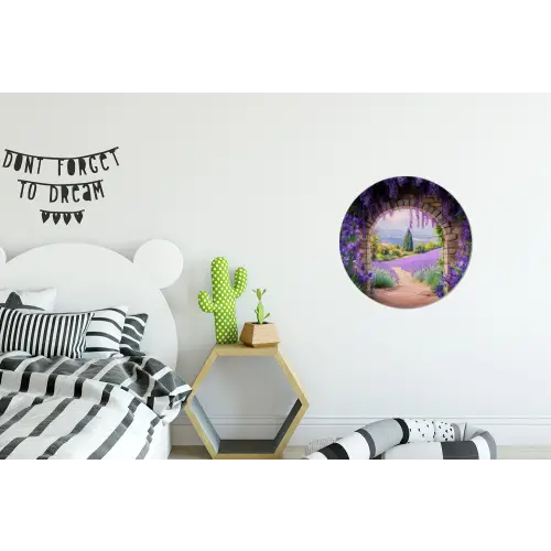 Doorkijk - Lavendel - Bloemen - Paars - Poort Wandcirkel aluminium klein -kinderkamer
