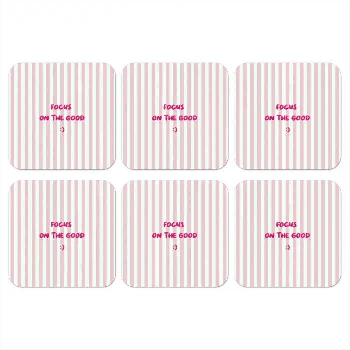 Focus on the good - Strepen - Roze - Smiley onderzetter kurk middel -3d