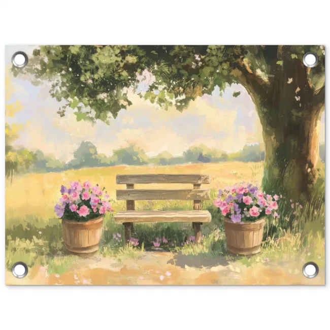 Houten bankje - Bloempotten - Landschap tuinposter los doek klein -3d