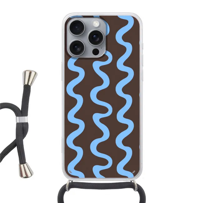 Telefoonhoesje met koord - Kronkelende lijnen - Blauw - Bruin - Minimalistisch