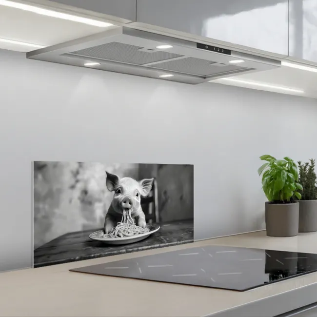 Varken - Schattig - Spaghetti - Zwart wit - Dier keuken achterwand spatscherm klein -3d_schuin