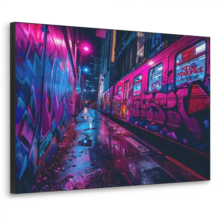 Stad - Neon -  Nacht - Roze - Graffiti Textielframe zwart klein -3d