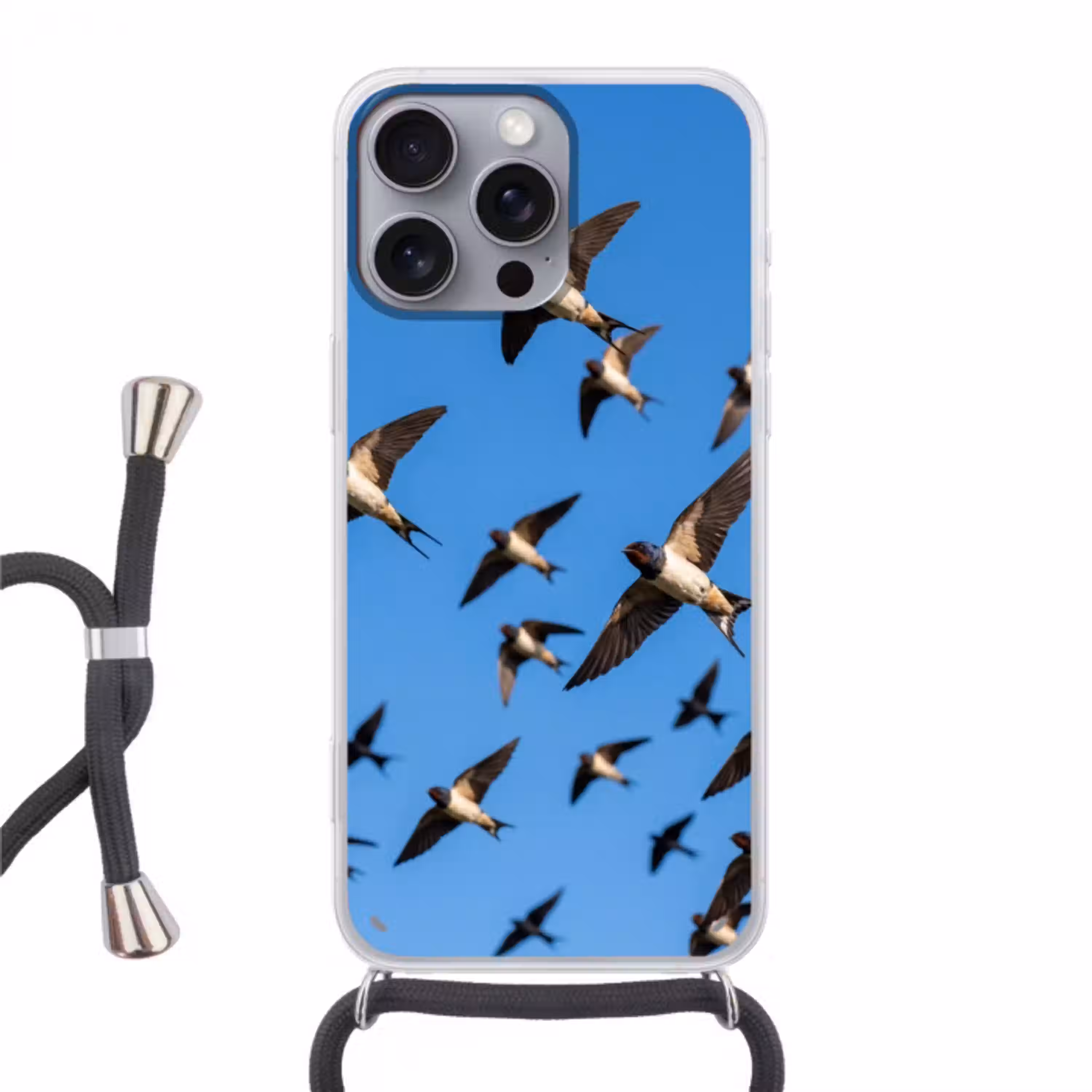 Zwaluwen - Vliegen - Blauw Hoesje iPhone 16 Pro Max met koord klein -3d