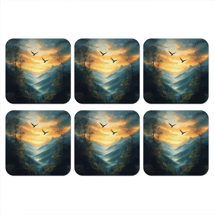 Vogels - Zon - Bomen - Groen onderzetter kurk middel -3d