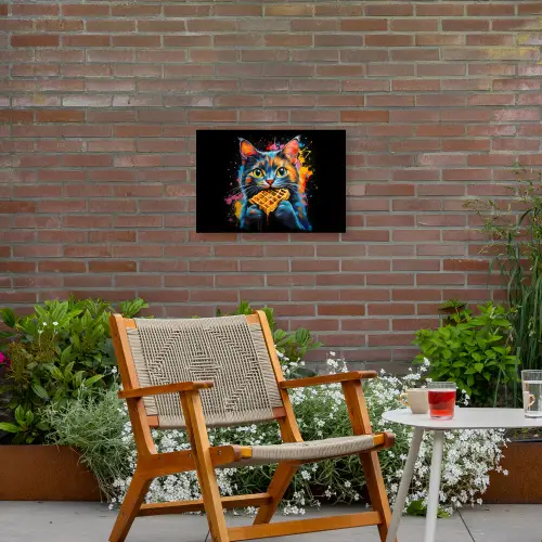 Kat - Graffiti - Kleurrijk - Wafel - Eten Tuinposter op houten frame 2 cm dik klein -sfeer3