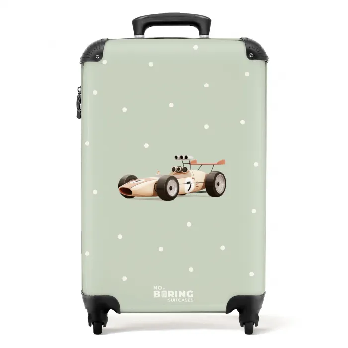 Beige retro raceauto op groene stippen achtergrond NBS - Handbagage koffer - Kinderen Unisex middel -productfoto_recht