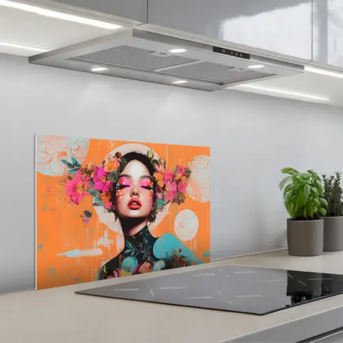 Portret - Vrouw - Abstract - Bloemen keuken achterwand spatscherm klein -3d_schuin