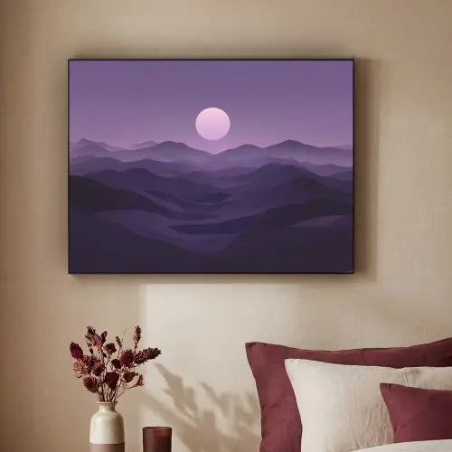 Heuvels - Paars - Mist - Zon Textielframe zwart klein -sfeer1