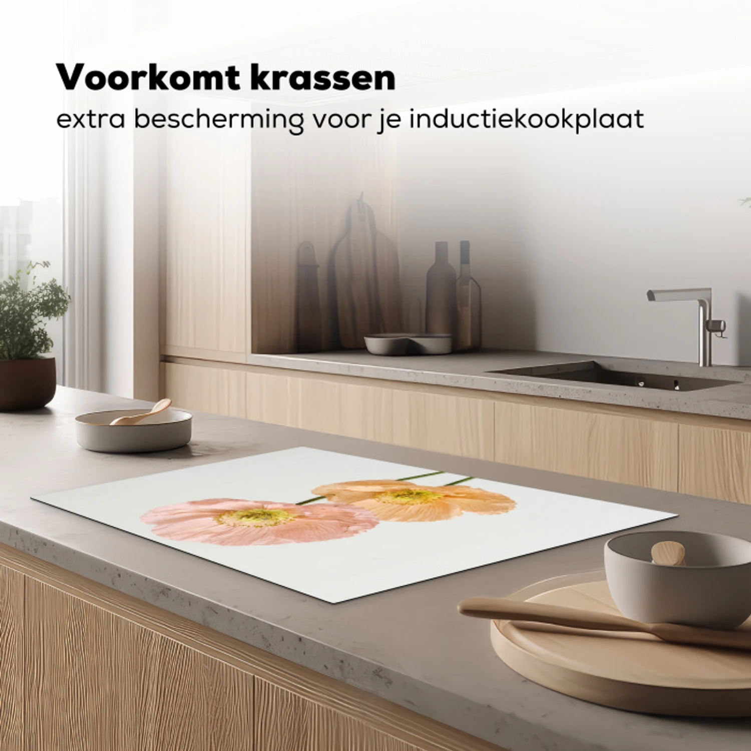 Papavers - Botanisch - Roze Inductie beschermer vinyl 3mm klein -sfeer1