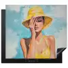 Schilderij - Vrouw - Hoed - Geel Inductie beschermer vinyl 3mm middel -3d
