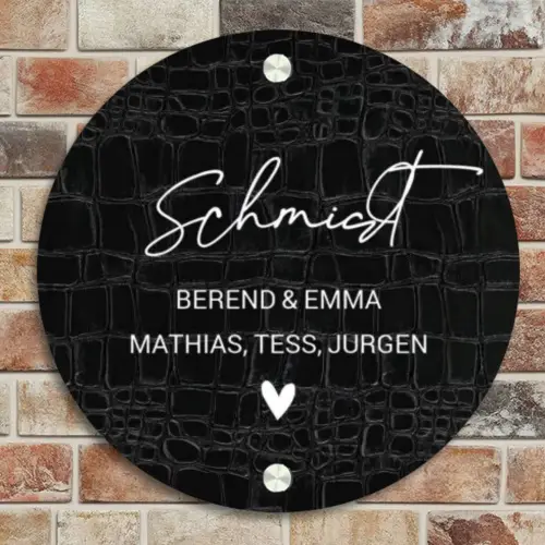 Zwart krokodillenleertextuur - Sierlijk Naambord Rond klein -sfeer2