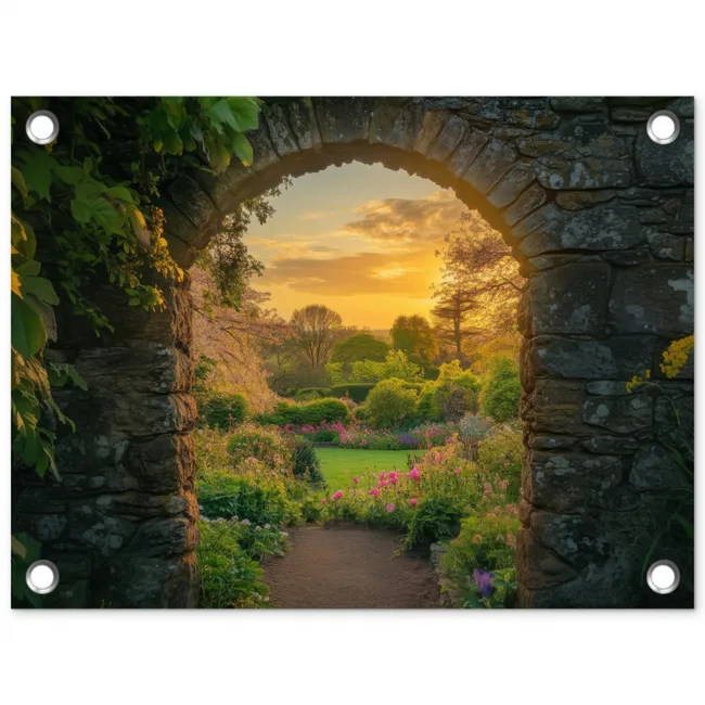 Poort - Planten - Zonsondergang tuinposter los doek klein -3d