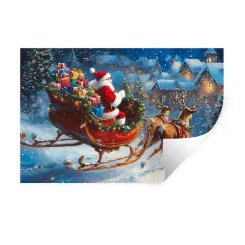 Kerstman - Rendier - Kerst - Sneeuw Muursticker klein -3d