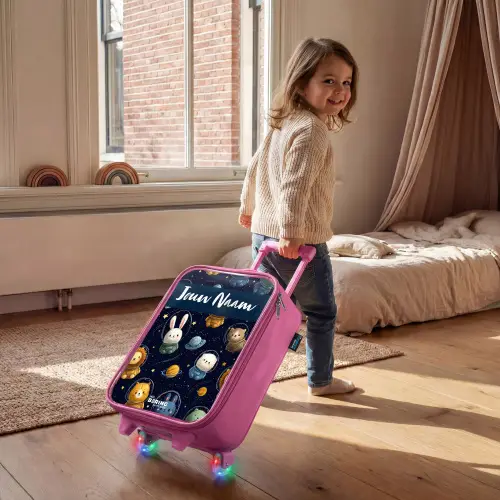 Dieren - Astronaut - Planeten - Sterren Kinderkoffer - Roze klein -sfeer1
