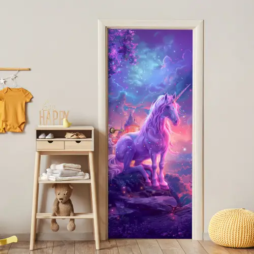 Eenhoorn - Fantasy - Kasteel - Meisje - Paars - Roze deurposter klein -sfeer4