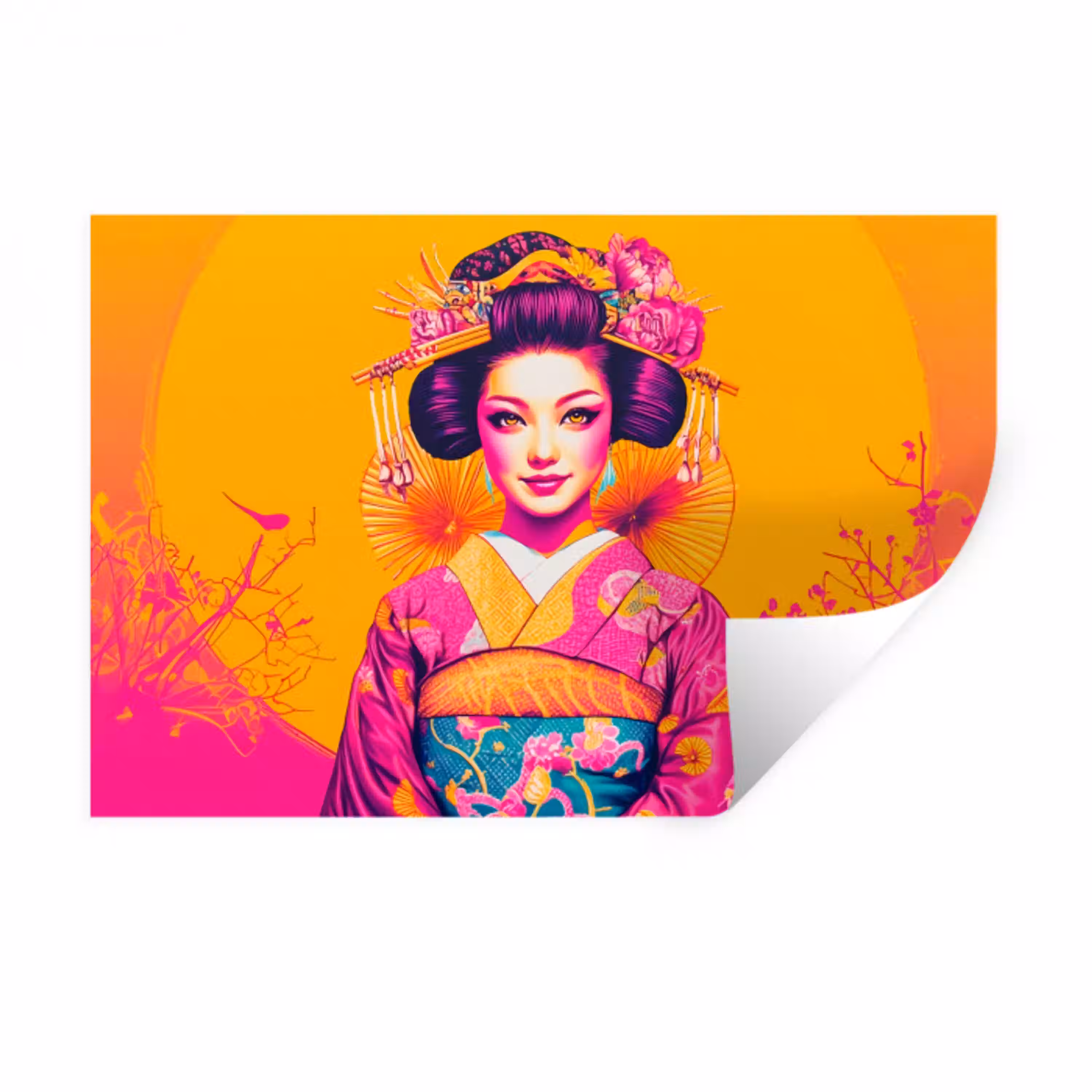 Bloemen - Vrouw - Kimono - Roze Muursticker klein -3d