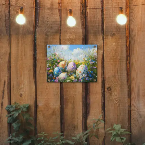 Grasveld - Eieren - Bloemen tuinposter los doek klein -sfeer1