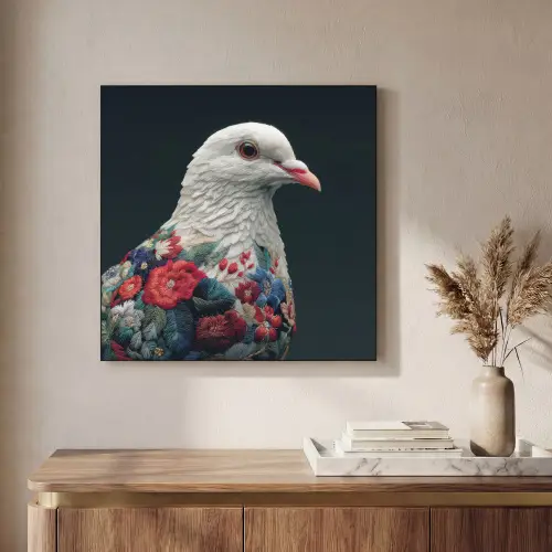 Duif - Bloemen - Wit - Zwart Textielframe zwart klein -sfeer2