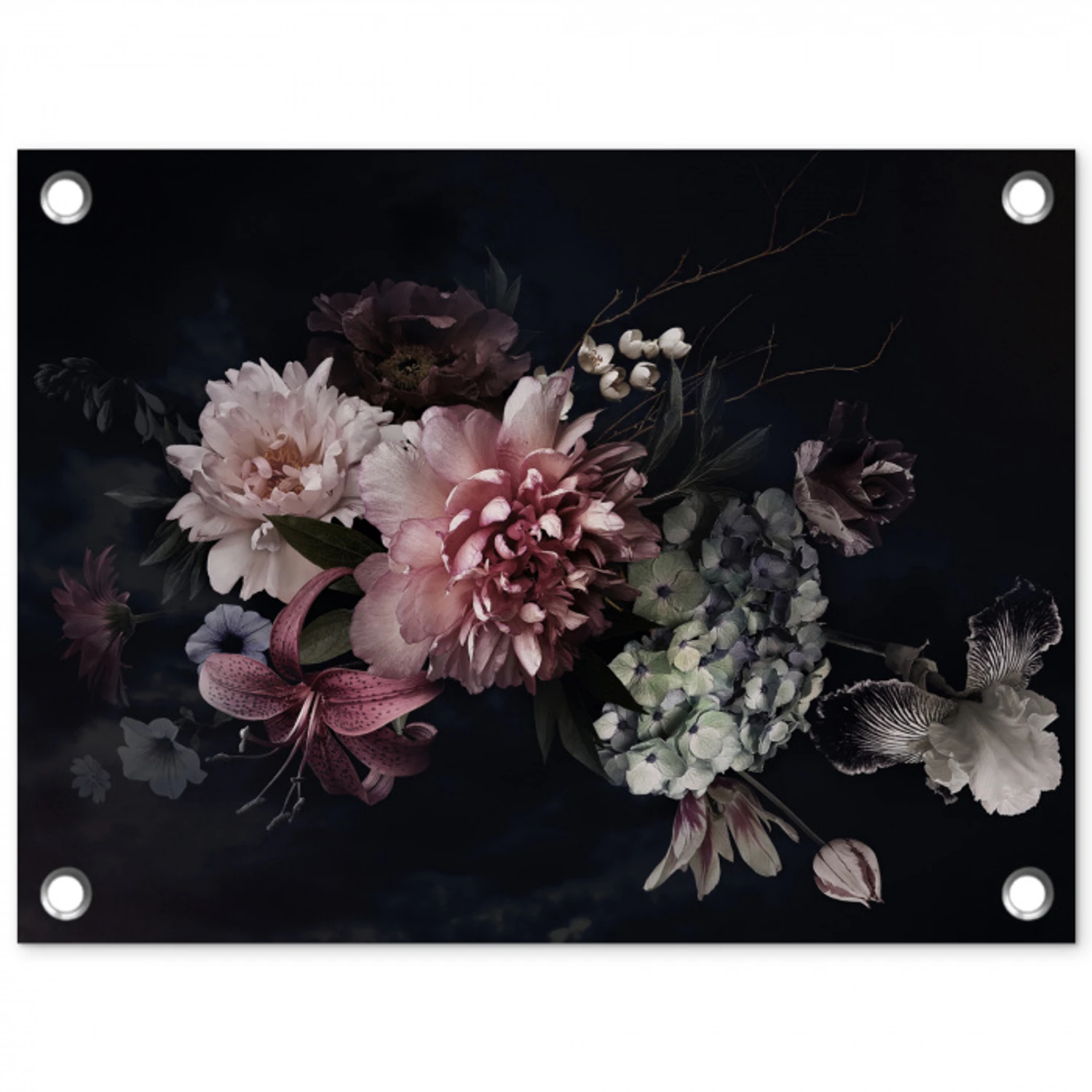 Bloemen - Vintage - Pastel - Zwart - Boeket tuinposter los doek klein -3d