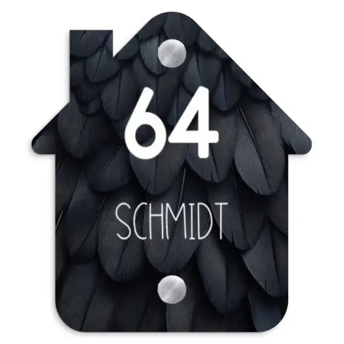 Zwarte veren - Modern Naambord Huisje klein -3d