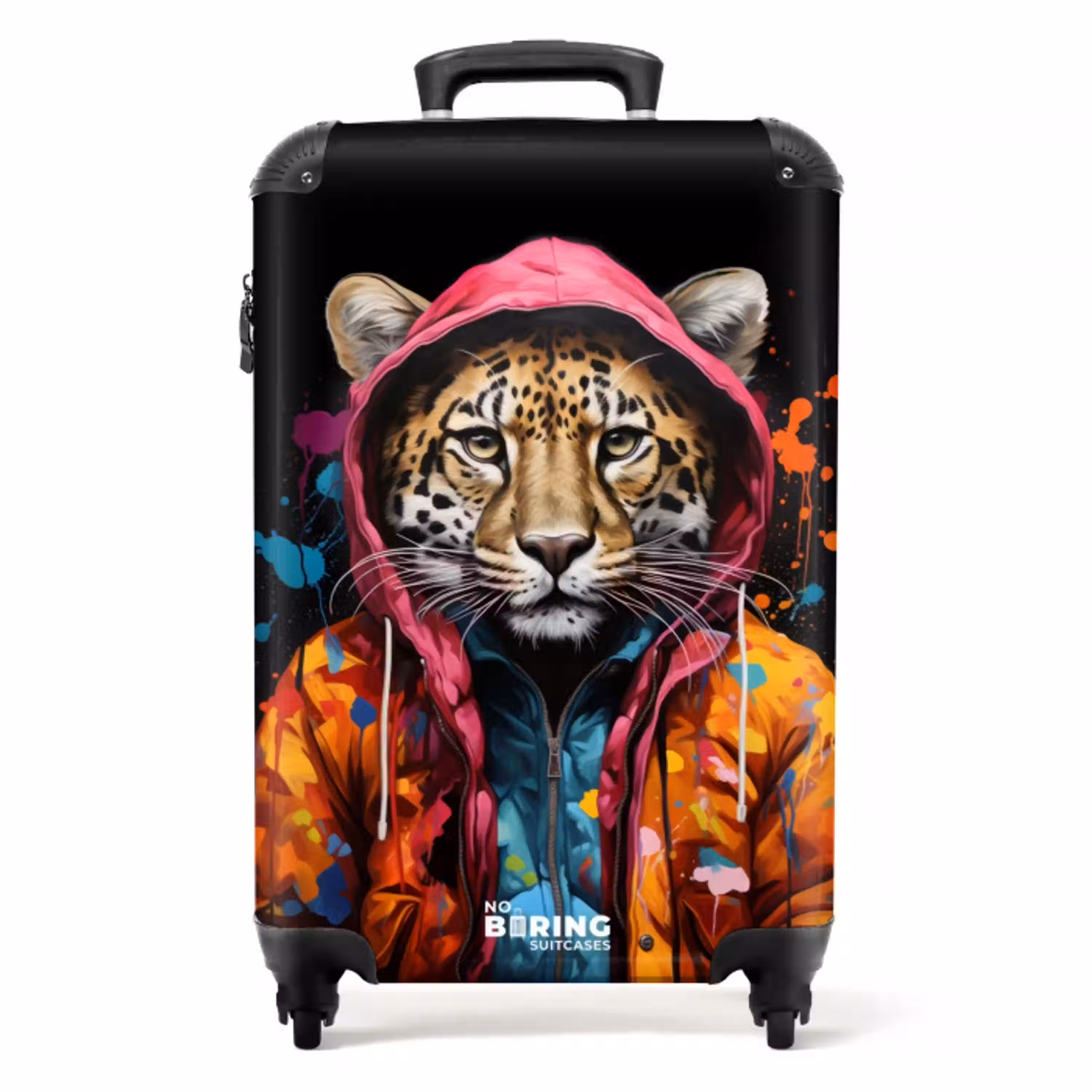 Luipaard met kleurrijke jas en verfspetters NBS - Handbagage koffer - Unisex middel -productfoto_recht