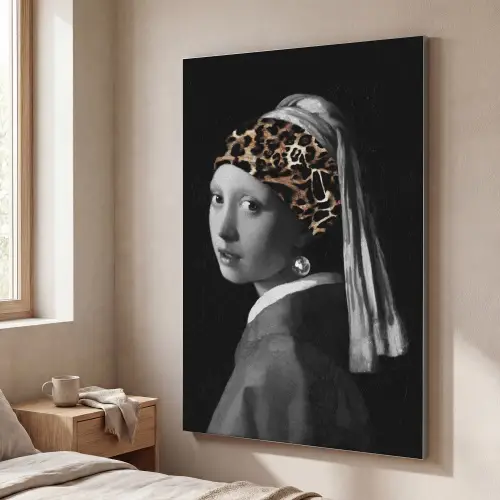 Het meisje met de parel - Johannes Vermeer - Panterprint Textielframe zilver middel -sfeer3