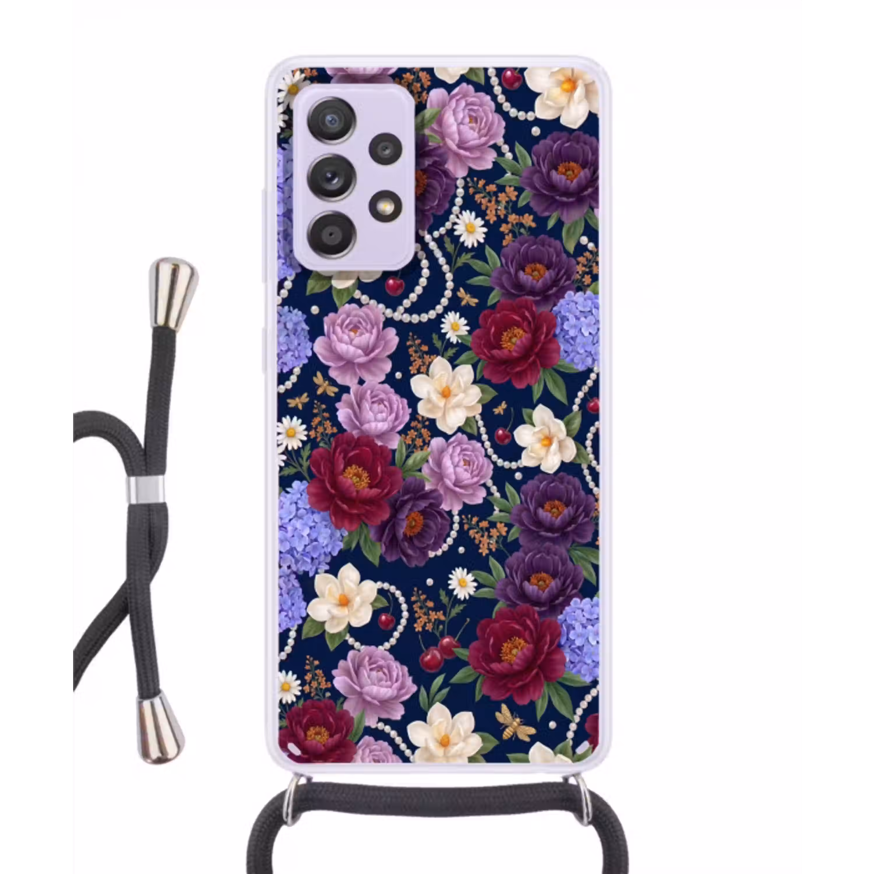 Bloemen - Parels - Decoratie - Modern - Blauw Hoesje Samsung Galaxy A52 5G met koord klein -3d
