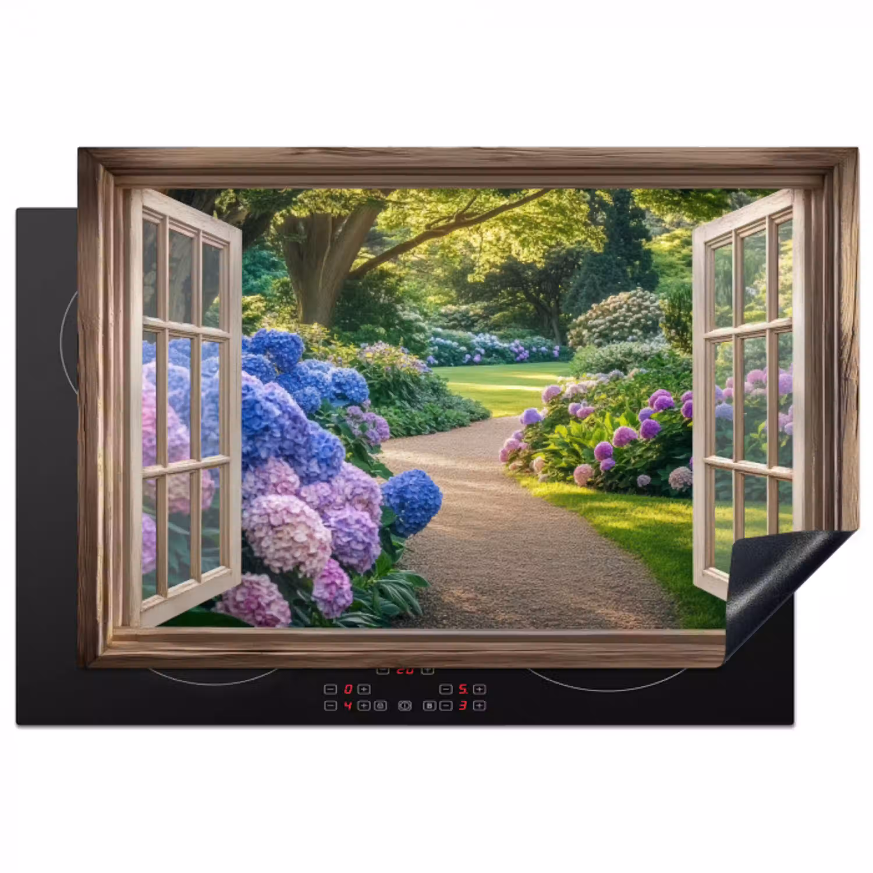 Doorkijk - Tuin - Raam - Hortensia - Bloemen Inductie beschermer vinyl 3mm klein -3d