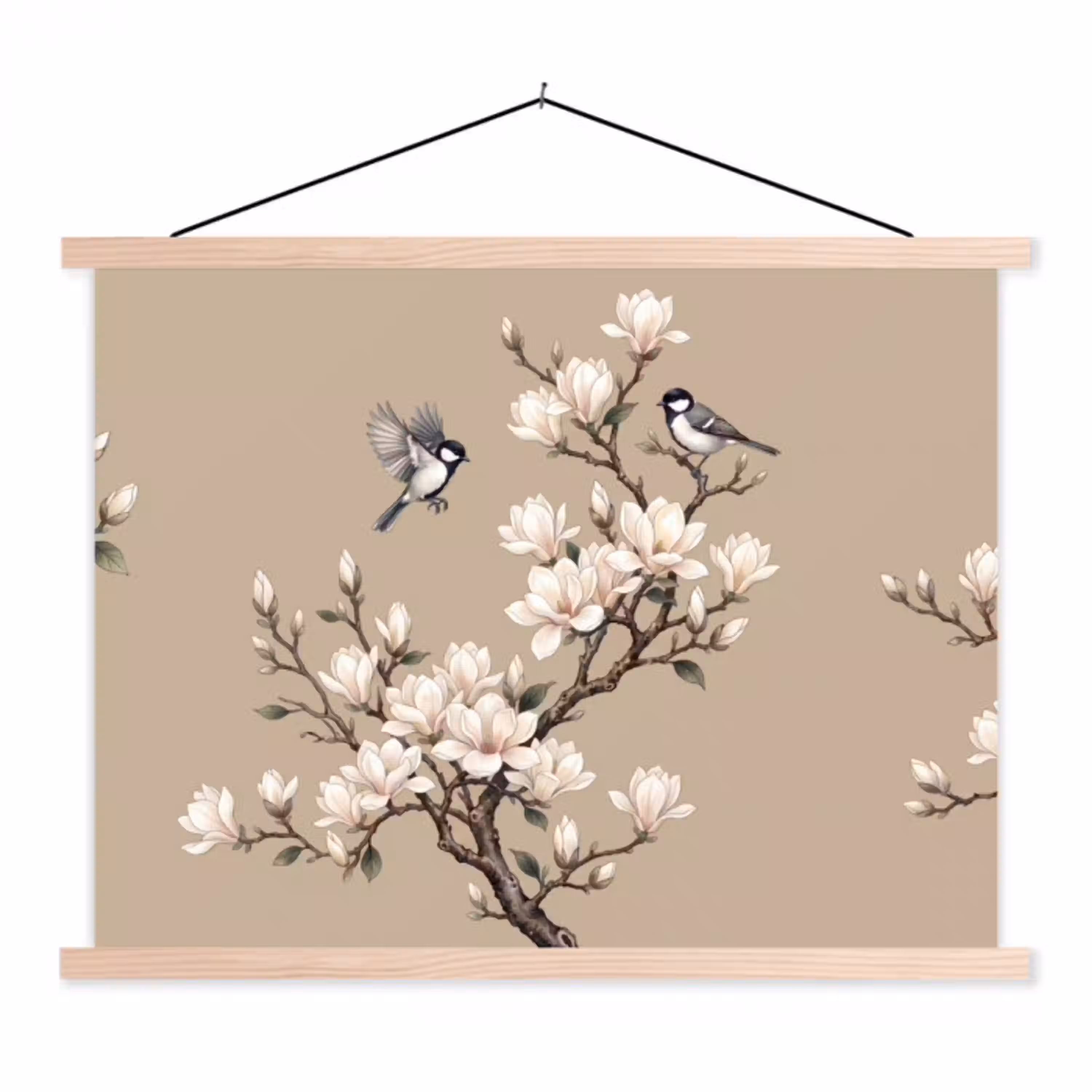 Oosters - Vogels - Beige textielposter latten blank klein -3d