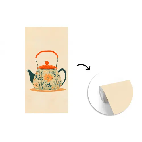 Oranje - Theepot - Bloemen - Bladeren fotobehang vinyl groot -3d