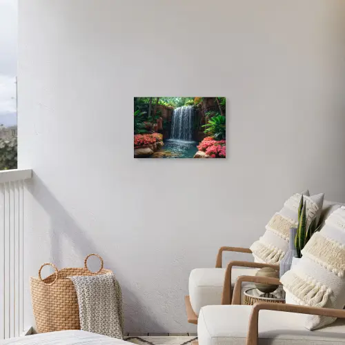 Waterval in Bloeiende Tropische Tuin Tuinposter op houten frame 2 cm dik klein -sfeer1