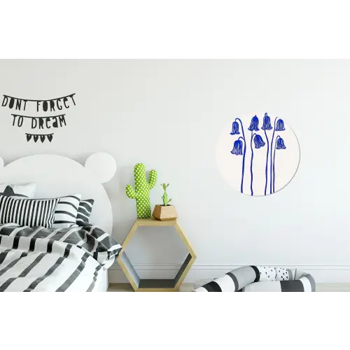 Bloemen - Blauw - Lijnen - Bloemblaadjes Wandcirkel aluminium klein -kinderkamer